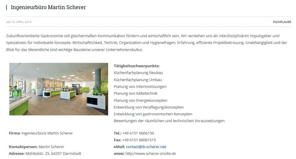 Bespieleintrag - Modern gestalteter Ausgabebereich in Grün-Weiß mit Informationen zum Ingenieurbüro Martin Scherer.