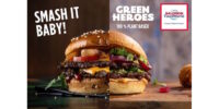 Werbung für pflanzlichen Burger „Green Heroes“ von Salomon FoodWorld mit Slogan „Smash it baby!“