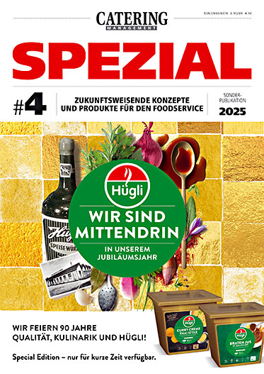 Titelseite der Fachzeitschrift „Catering Spezial“ 2025 mit Themen zu Mensaeröffnung, Food Waste, Grüne Logistik und Personalentwicklung.