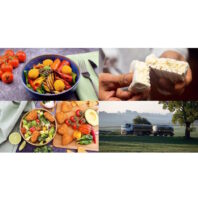 Snackification trifft Käsekompetenz Collage showing fresh healthy foods (salad bowls and vegetables) on the left and a person breaking a piece of soft cheese on the right, with a rural truck parked in a field below.