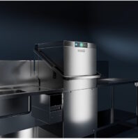 Neue HOBART Haubenspülmaschine für mehr Effizienz Hobart commercial dishwasher on a stainless steel workstation with illuminated control panel.