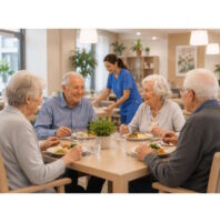 Mehr Protein im Alter Four seniors sharing a meal at a communal dining table in a bright care facility, with a caregiver in blue serving in the background.