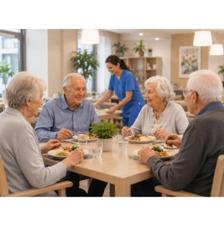 Mehr Protein im Alter Four seniors sharing a meal at a communal dining table in a bright care facility, with a caregiver in blue serving in the background.