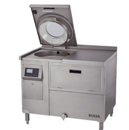 Salat, Beeren und Gemüse professionell waschen mit alexandersolia Industrial stainless steel vacuum chamber machine with lid raised and control panel on the left side.