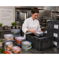 LocknLock: Mise en Place und Vorratshaltung mit System Chef in white coat packs prepared salads into clear rectangular containers in a commercial kitchen for event catering.
