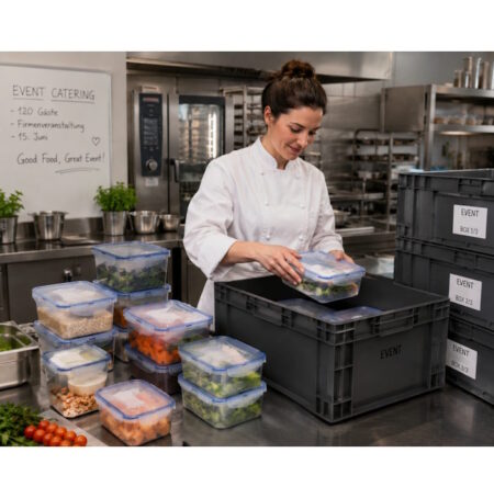 LocknLock: Mise en Place und Vorratshaltung mit System Chef in white coat packs prepared salads into clear rectangular containers in a commercial kitchen for event catering.